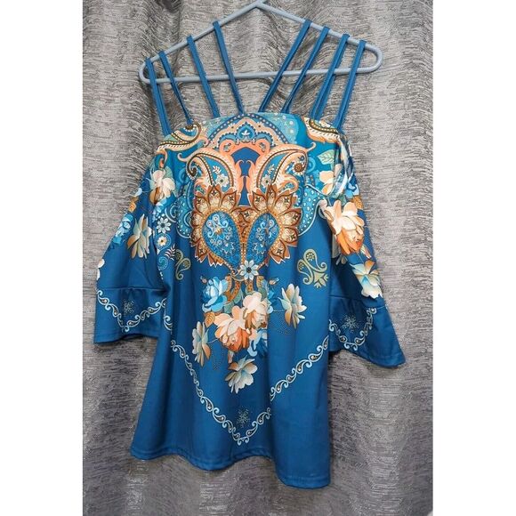 Tops - Women's Blue Floral‎ Off Shoulder Blouse Size Large